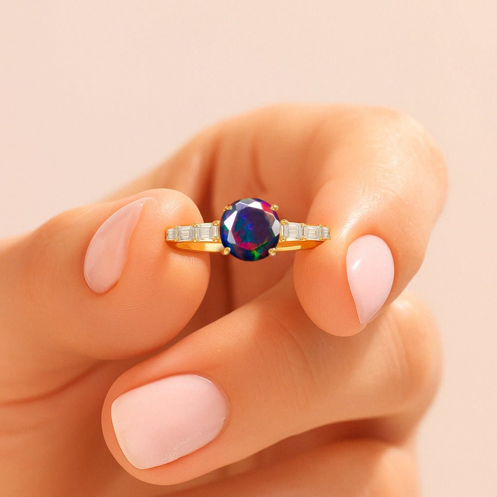 Round Shape Natural Black Opal Ring with White Zircon Side Stone - Goodstone Jewels