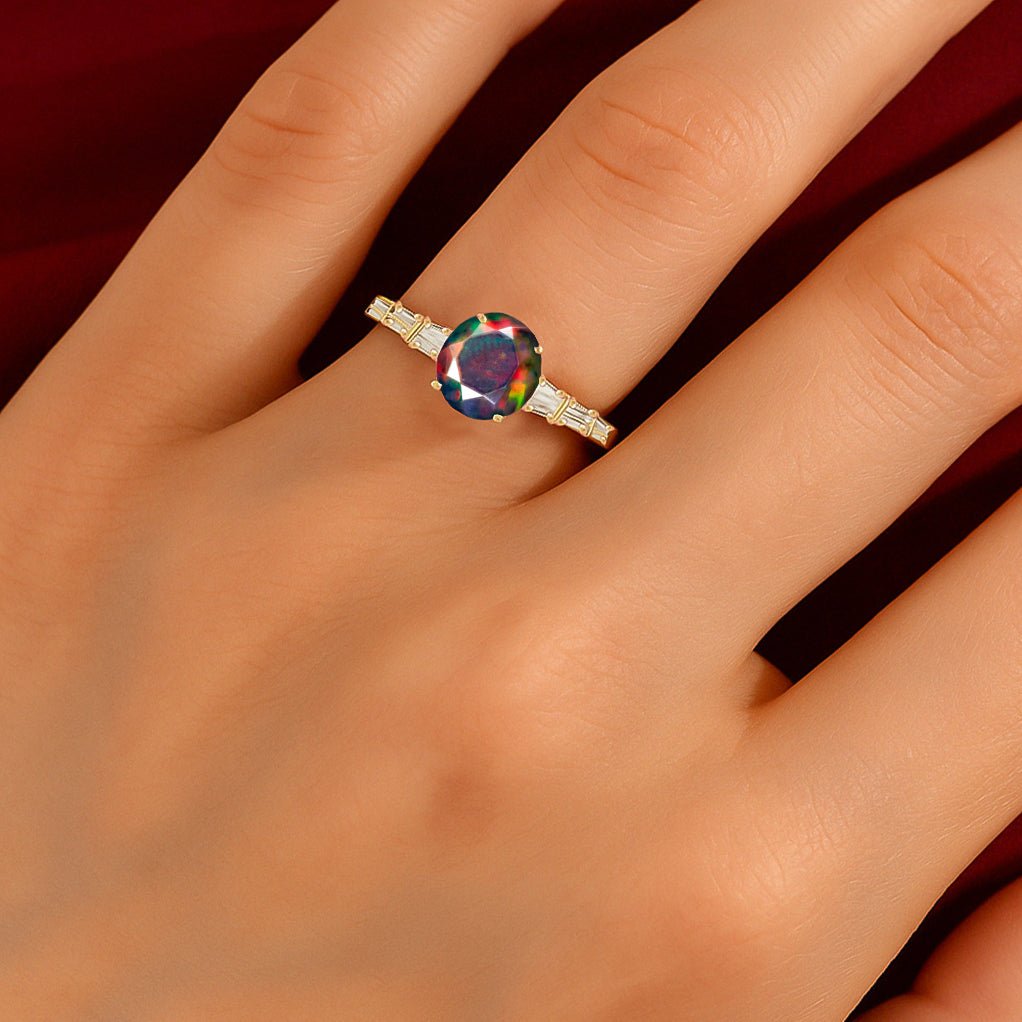 Round Shape Natural Black Opal Ring with White Zircon Side Stone - Goodstone Jewels