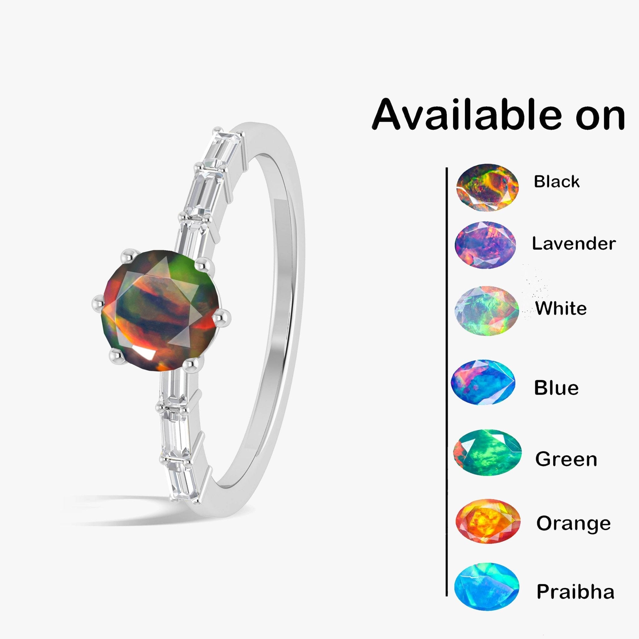 Round Shape Natural Black Opal Ring with White Zircon Side Stone - Goodstone Jewels