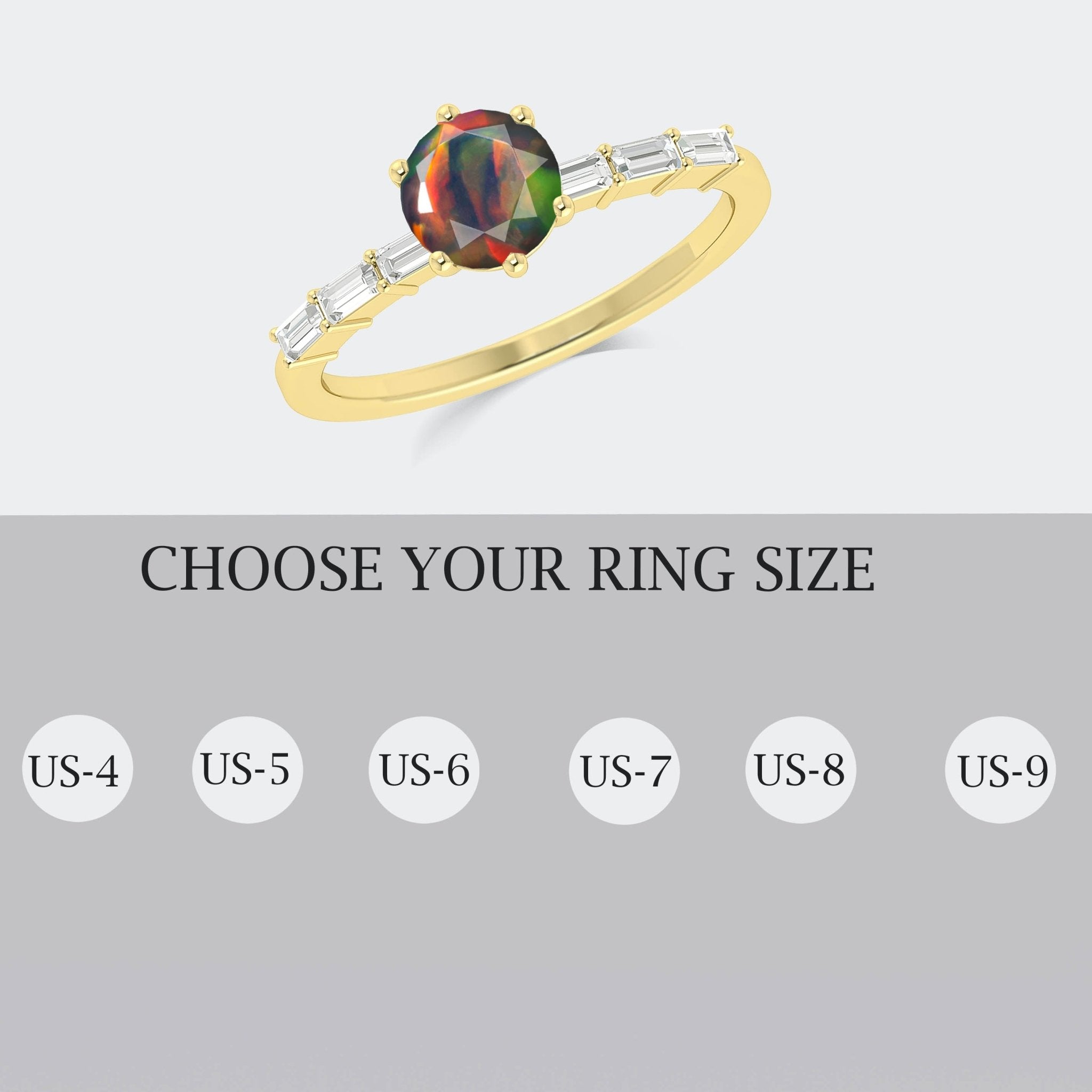 Round Shape Natural Black Opal Ring with White Zircon Side Stone - Goodstone Jewels