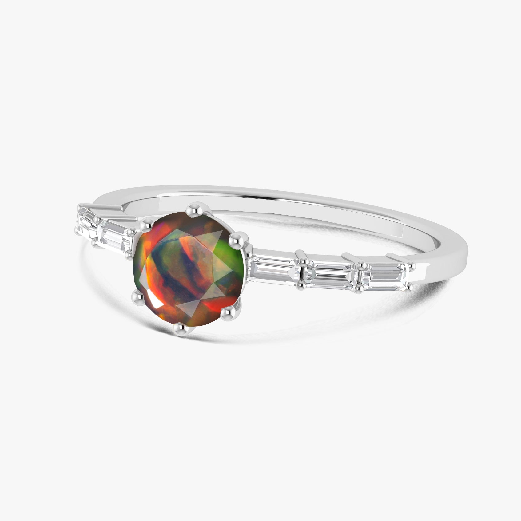 Round Shape Natural Black Opal Ring with White Zircon Side Stone - Goodstone Jewels