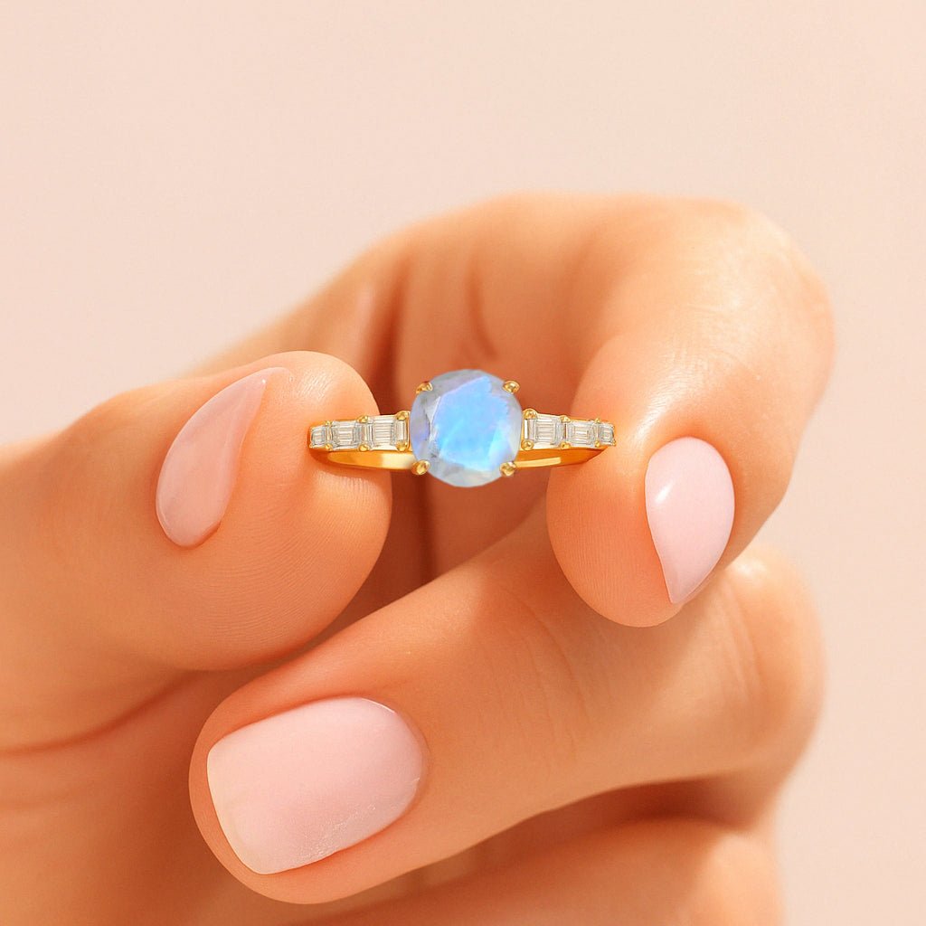 Round Shape Natural Moonstone Ring with White Zircon Side Stone - Goodstone Jewels
