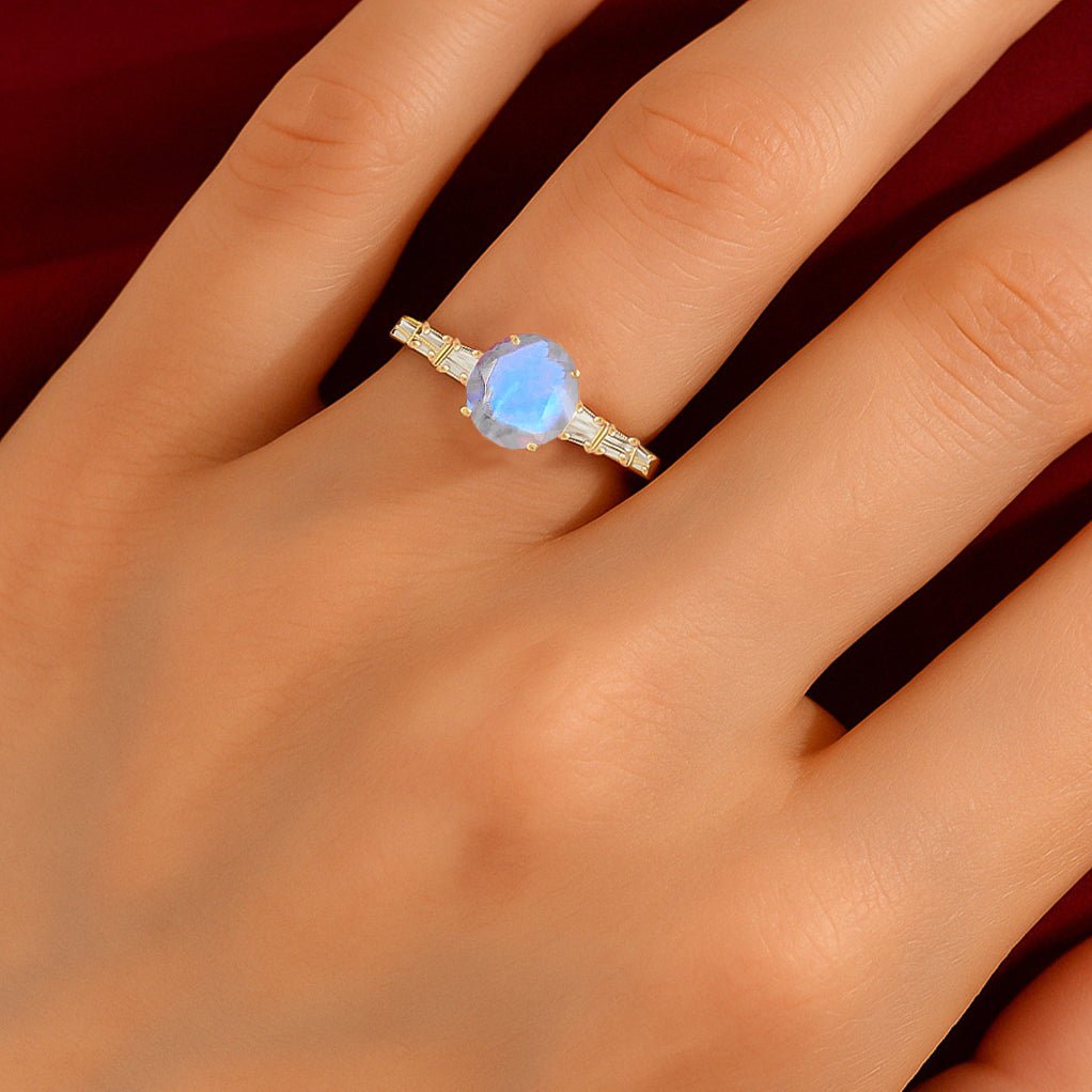 Round Shape Natural Moonstone Ring with White Zircon Side Stone - Goodstone Jewels