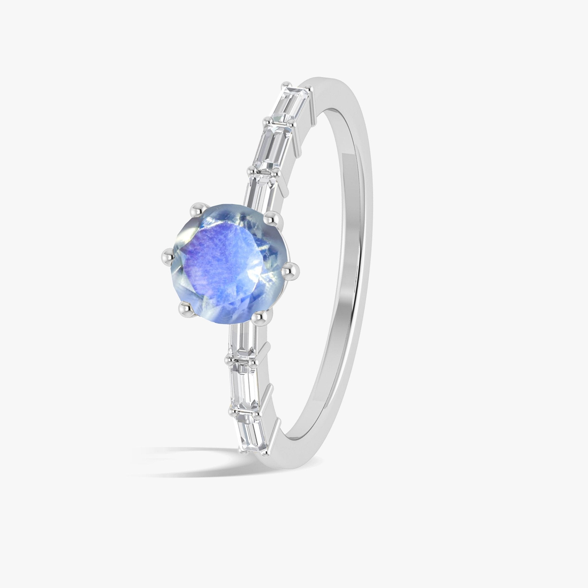 Round Shape Natural Moonstone Ring with White Zircon Side Stone - Goodstone Jewels