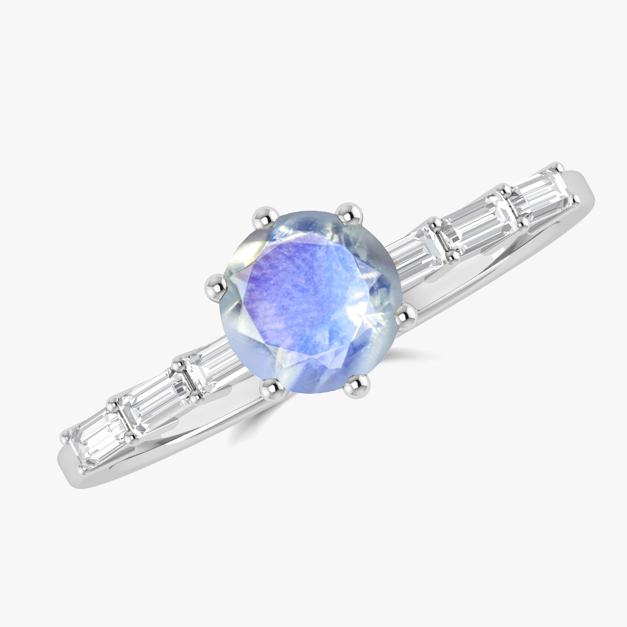 Round Shape Natural Moonstone Ring with White Zircon Side Stone - Goodstone Jewels