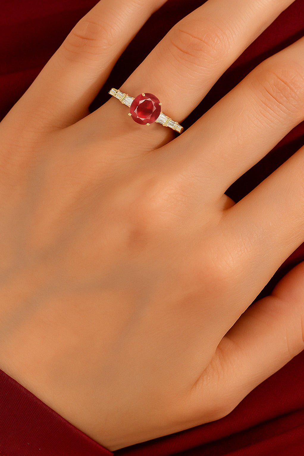 Round Shape Natural Ruby Ring with White Zircon Side Stone - Goodstone Jewels