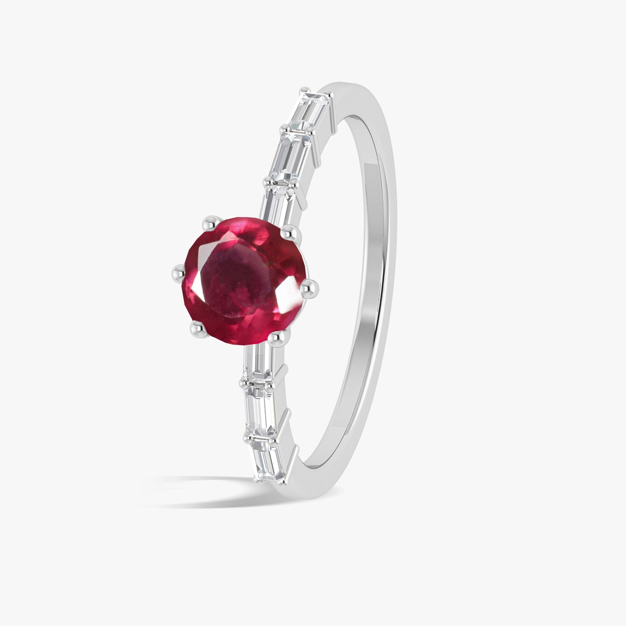 Round Shape Natural Ruby Ring with White Zircon Side Stone - Goodstone Jewels
