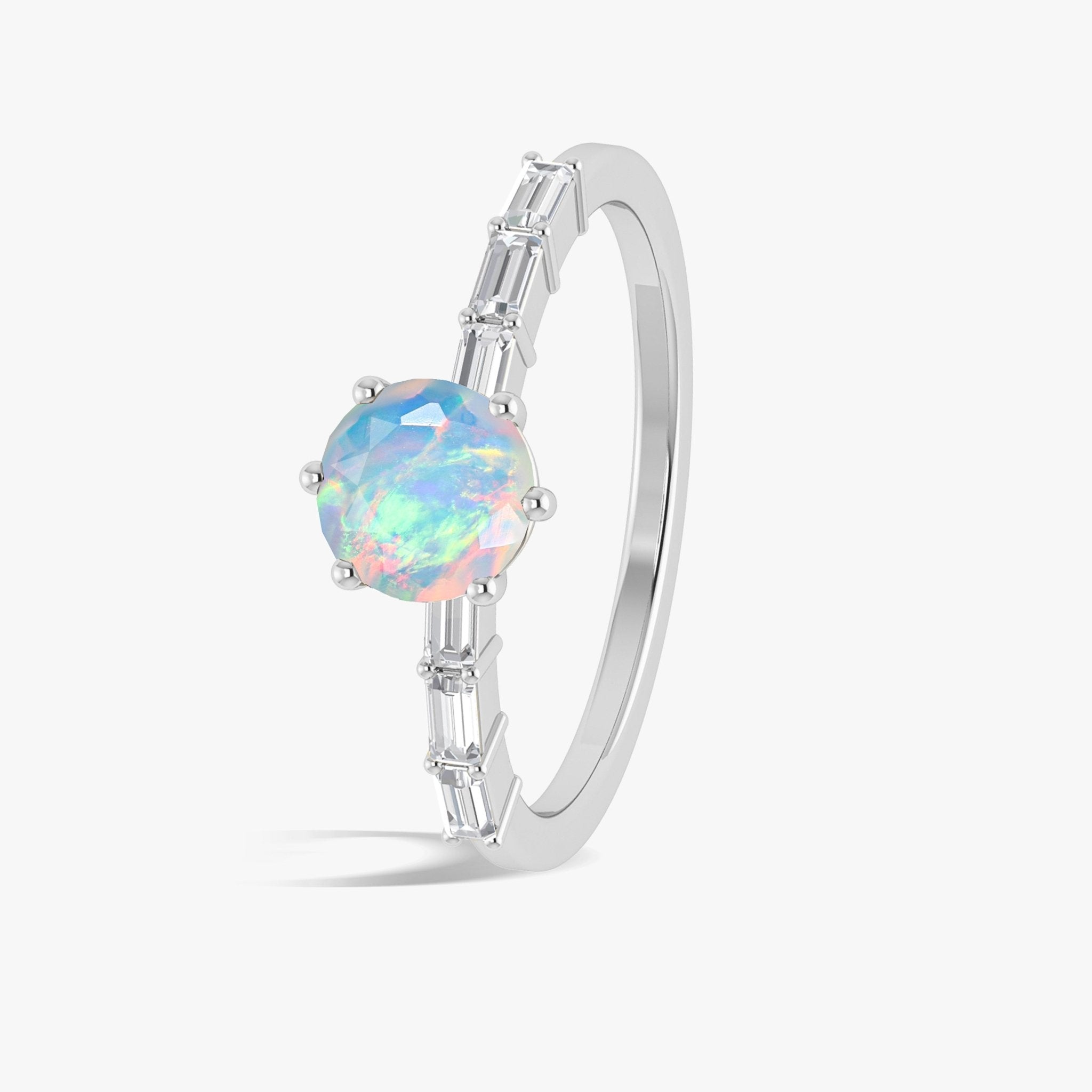 Round Shape Natural White Opal Ring with White Zircon Side Stone - Goodstone Jewels