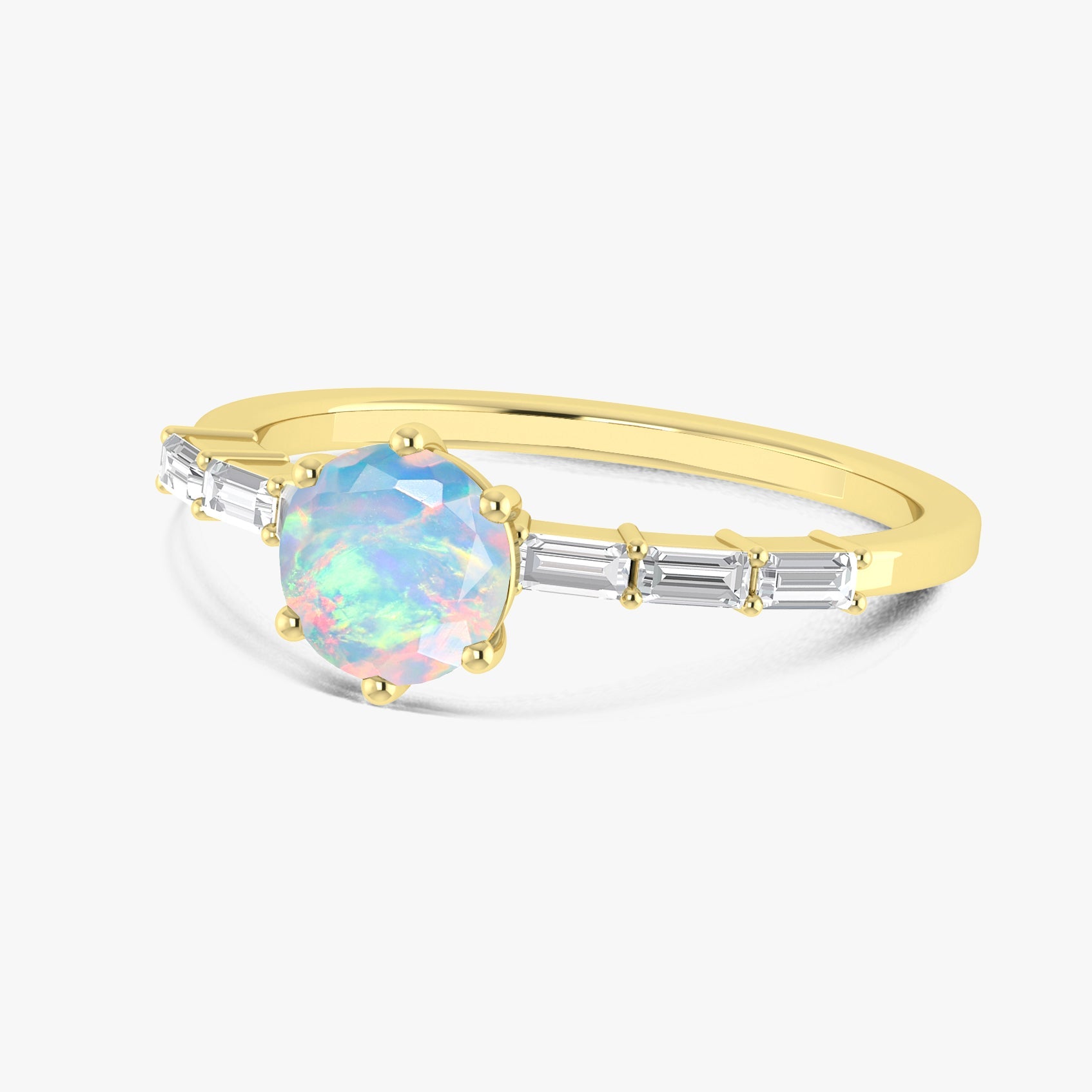 Round Shape Natural White Opal Ring with White Zircon Side Stone - Goodstone Jewels