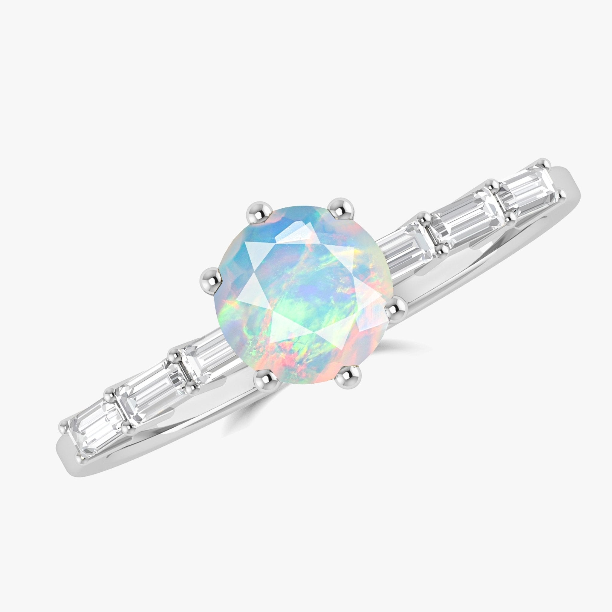 Round Shape Natural White Opal Ring with White Zircon Side Stone - Goodstone Jewels