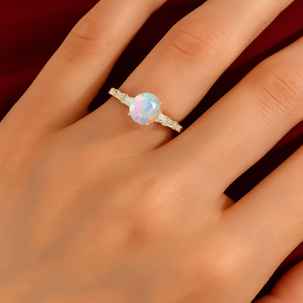 Round Shape Natural White Opal Ring with White Zircon Side Stone - Goodstone Jewels
