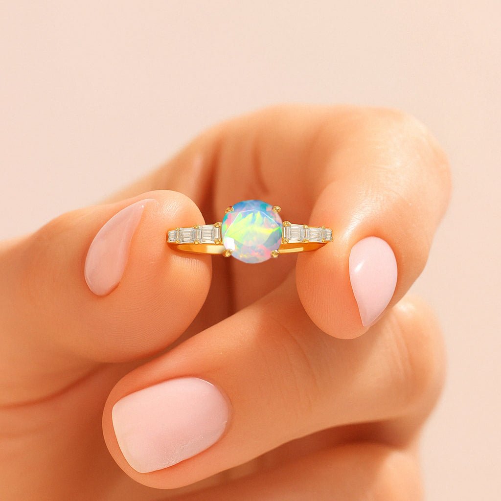 Round Shape Natural White Opal Ring with White Zircon Side Stone - Goodstone Jewels
