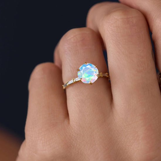 Round Shape Natural White Opal Ring with White Zircon Side Stone - Goodstone Jewels