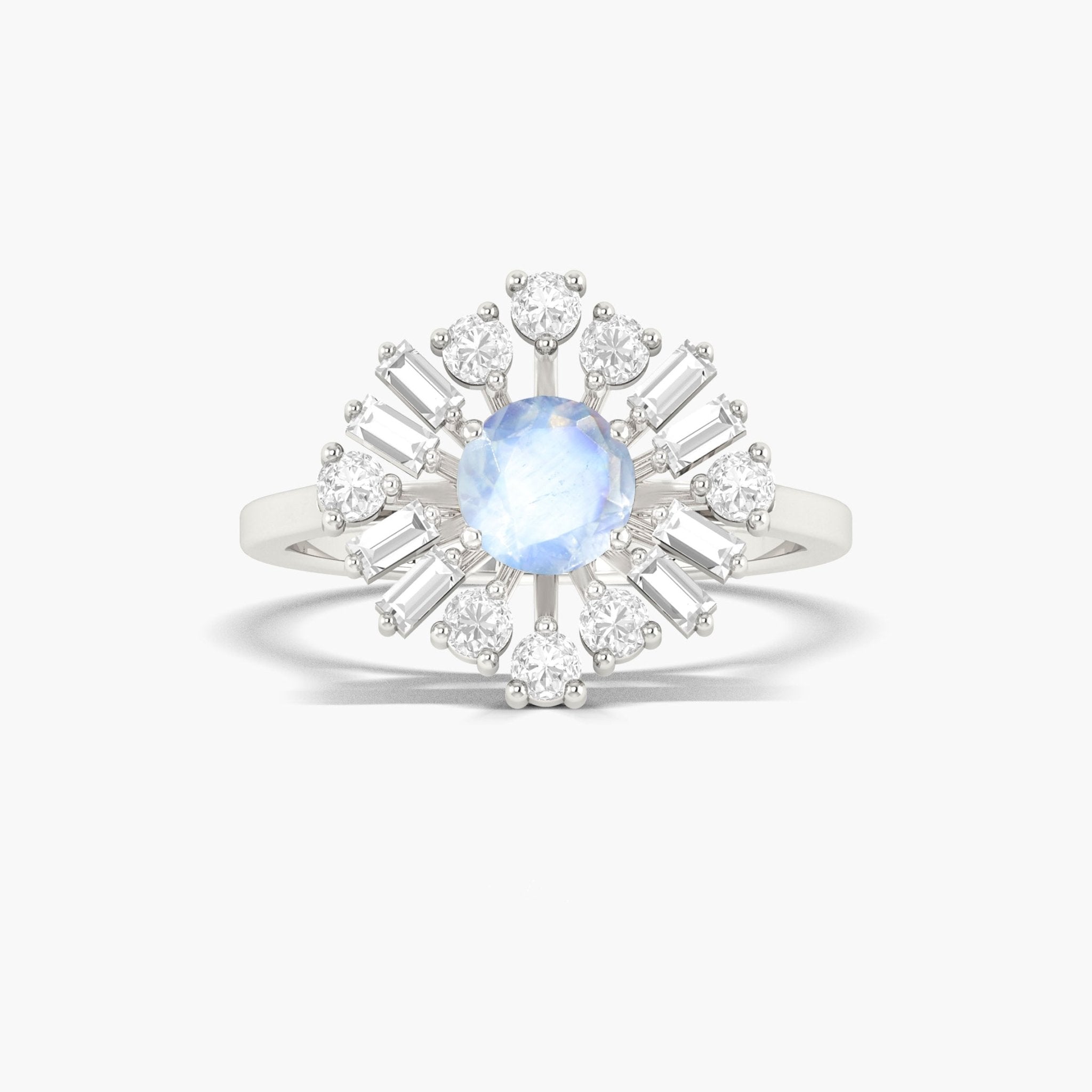 Round White rainbow moonstone with Cubic Zirconia ring - Goodstone Jewels