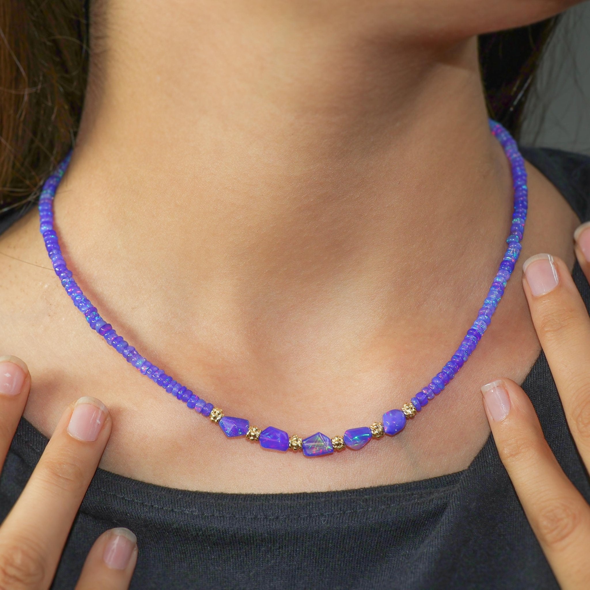 Smooth Lavender Opal Tumble Beaded With Circular Golden Beads Necklace - Goodstone Jewels