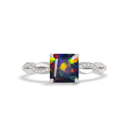 Square Shape Natural Black Opal Crossover Solitaire Ring