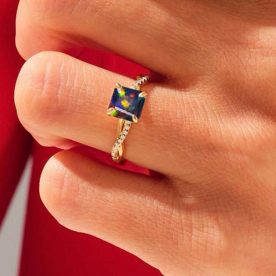 Square Shape Natural Black Opal Crossover Ring - Goodstone Jewels