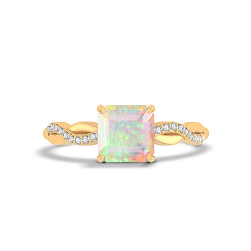 Square Shape Natural White Opal Crossover Solitaire Ring