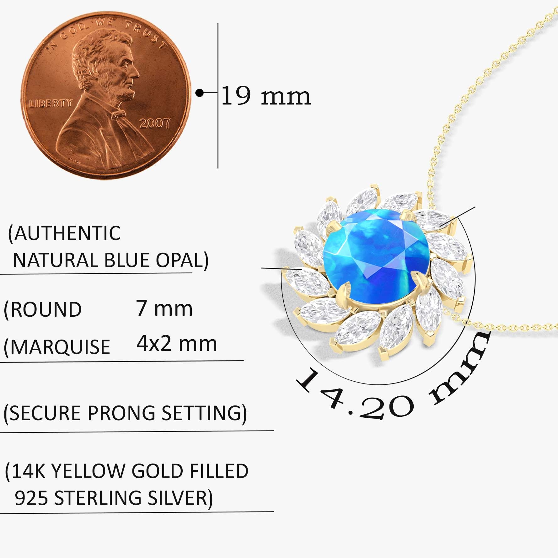 Sunflower Style Charm Pendant Necklace with Natural Blue Opal and White Zircon - Goodstone Jewels