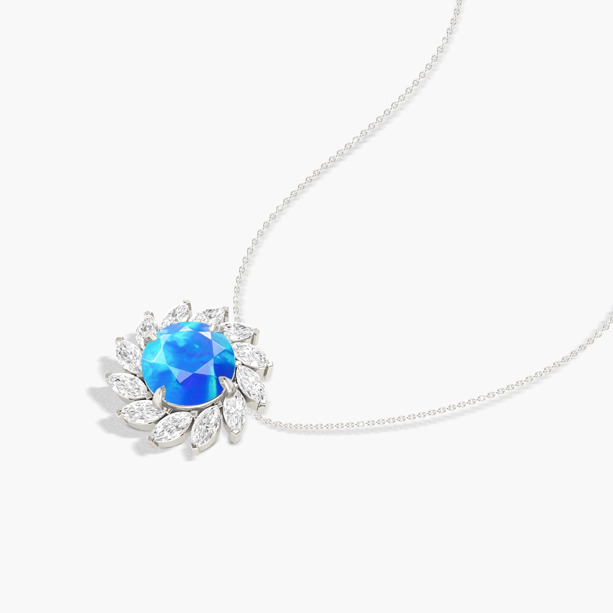 Sunflower Style Charm Pendant Necklace with Natural Blue Opal and White Zircon - Goodstone Jewels