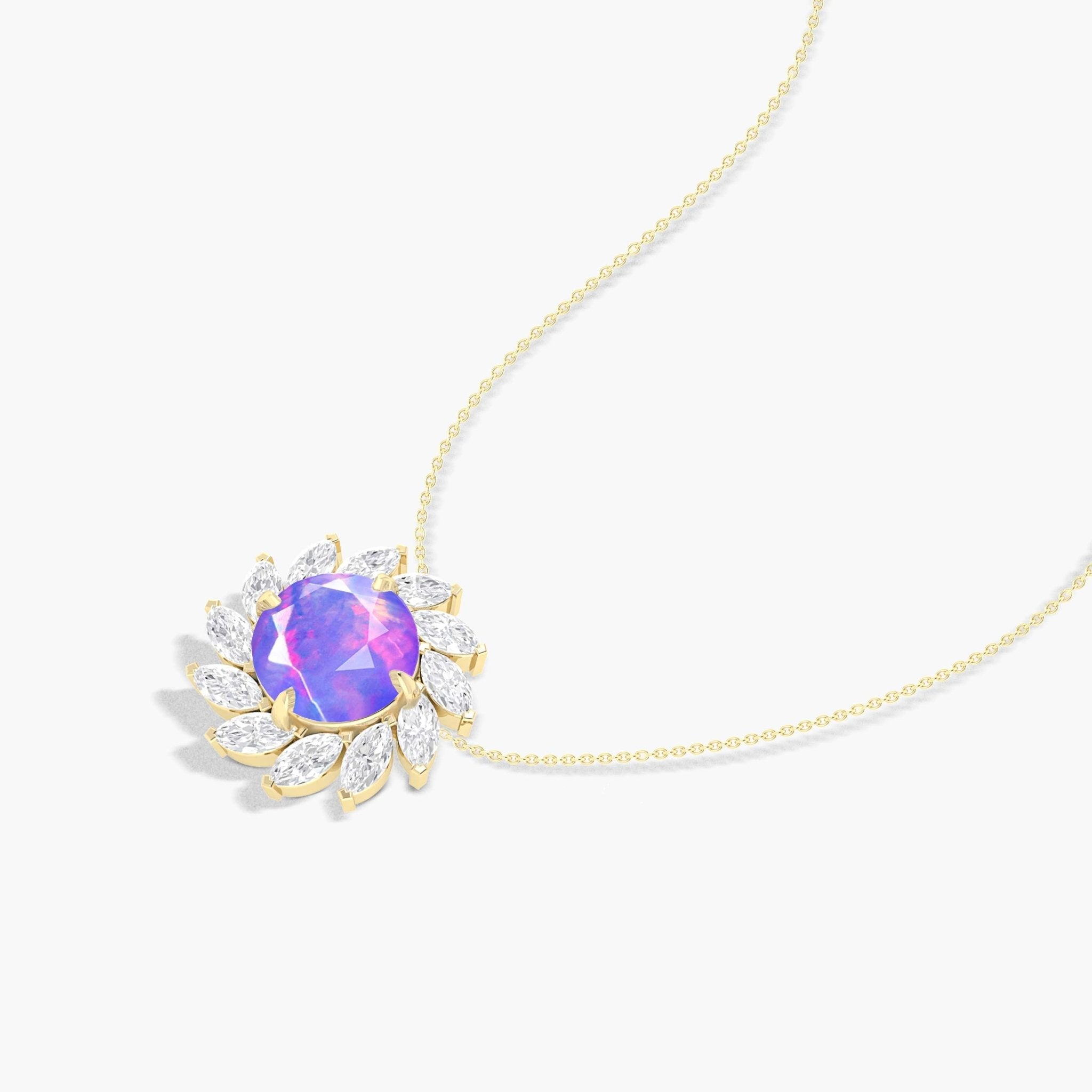 Sunflower Style Charm Pendant Necklace with Natural Lavender Opal and White Zircon - Goodstone Jewels