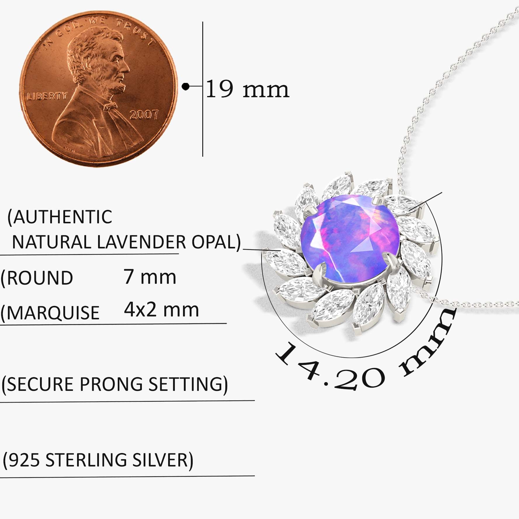 Sunflower Style Charm Pendant Necklace with Natural Lavender Opal and White Zircon - Goodstone Jewels