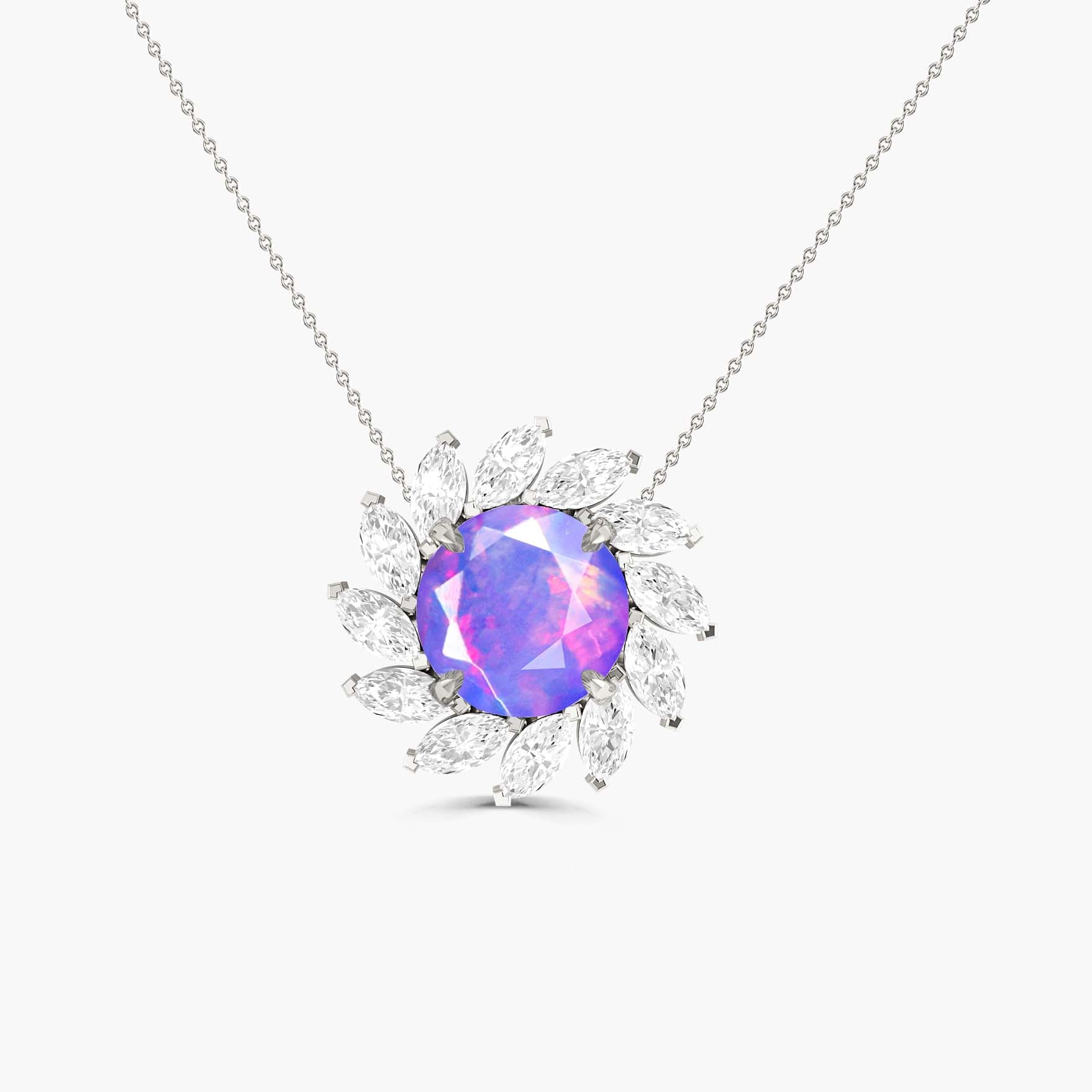 Sunflower Style Charm Pendant Necklace with Natural Lavender Opal and White Zircon - Goodstone Jewels