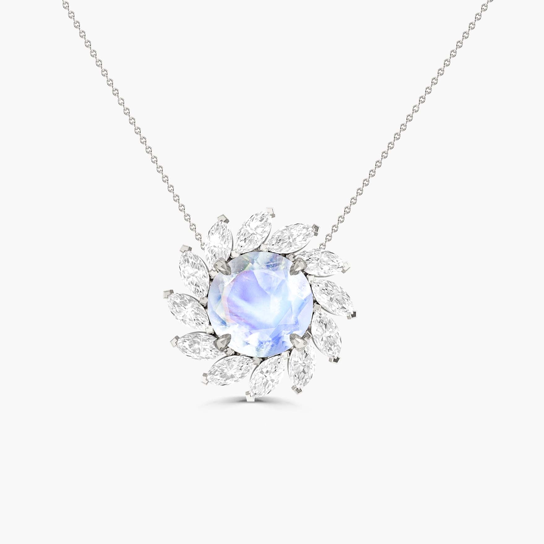 Sunflower Style Charm Pendant Necklace with Natural Moonstone and White Zircon - Goodstone Jewels