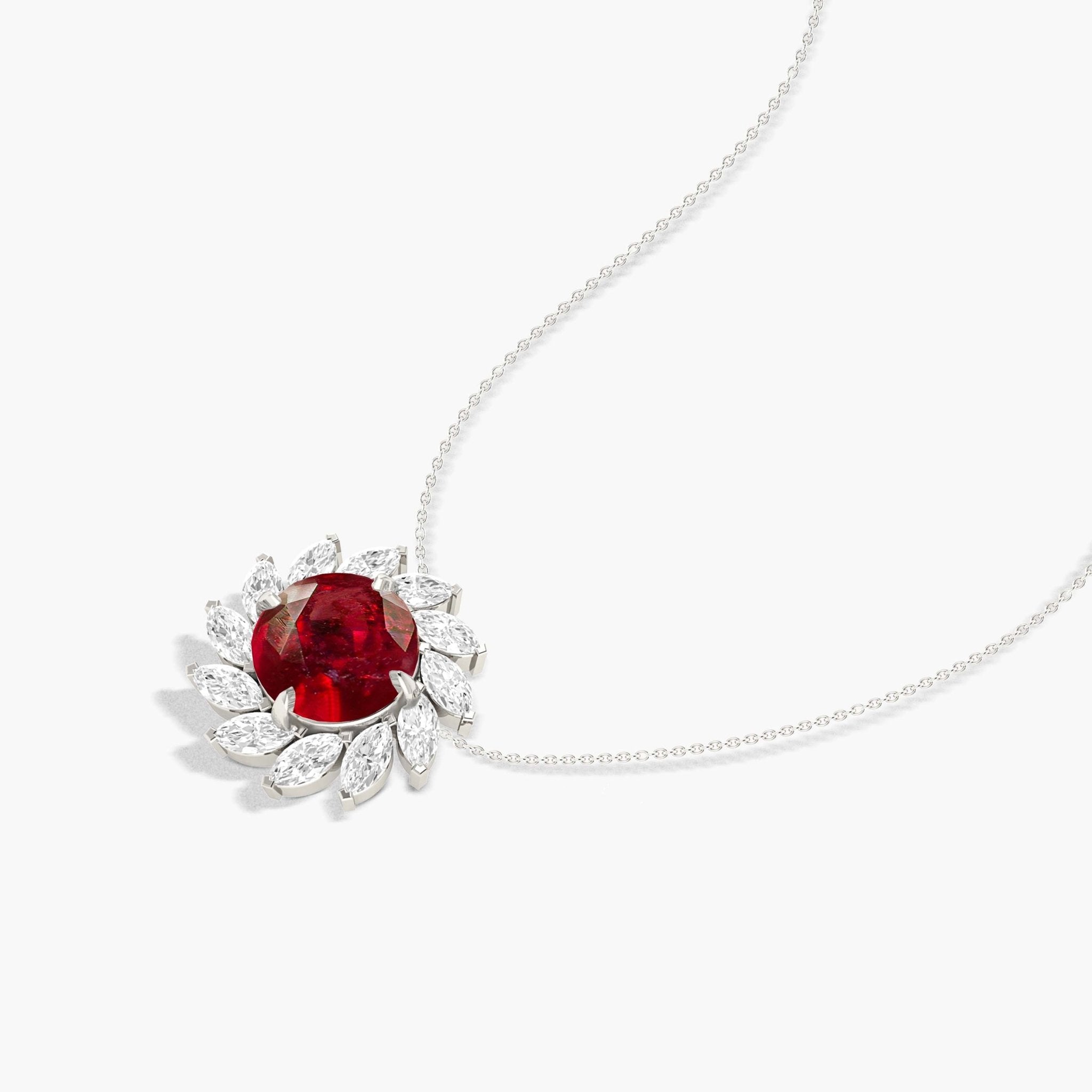 Sunflower Style Charm Pendant Necklace with Natural Ruby and White Zircon - Goodstone Jewels