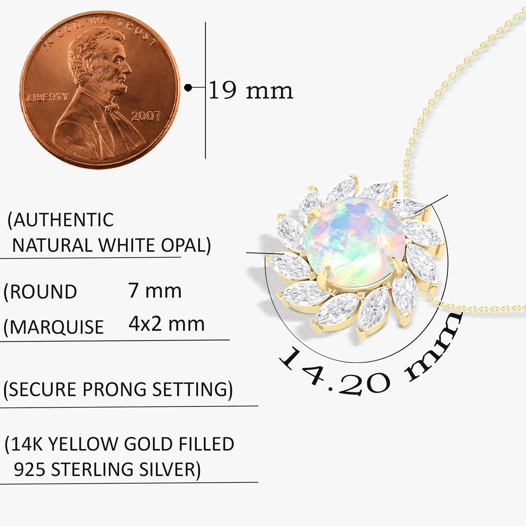Sunflower Style Charm Pendant Necklace with Natural White Opal and Zircon - Goodstone Jewels