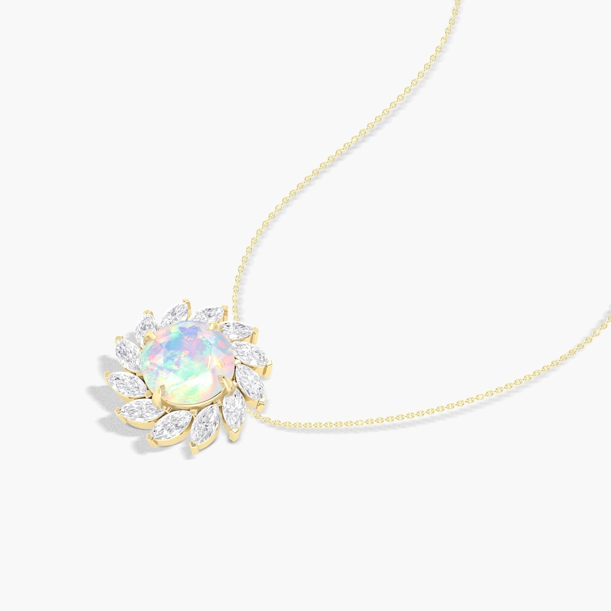 Sunflower Style Charm Pendant Necklace with Natural White Opal and Zircon - Goodstone Jewels