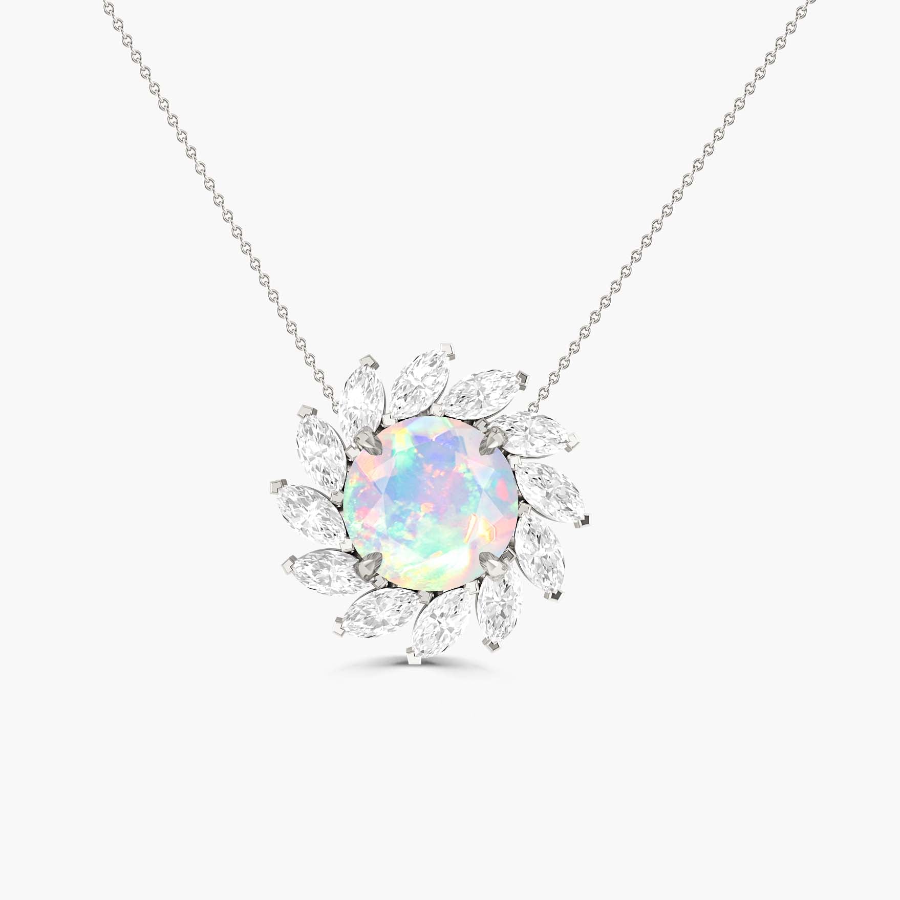 Sunflower Style Charm Pendant Necklace with Natural White Opal and Zircon - Goodstone Jewels