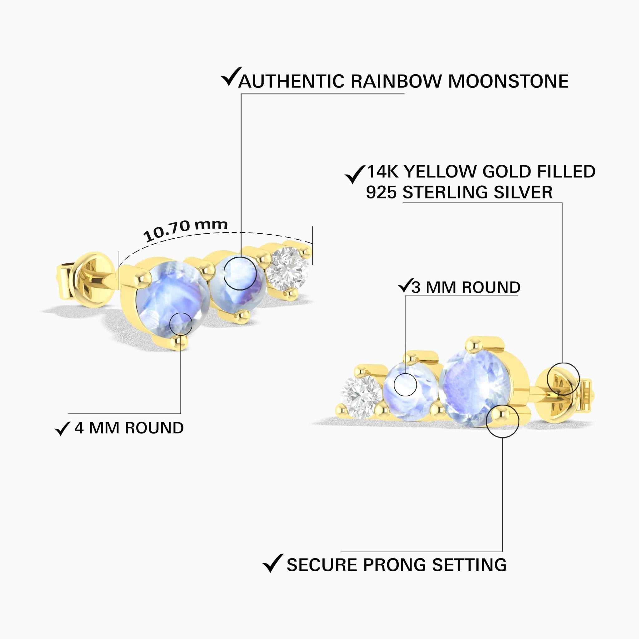 Three Round Rainbow Moonstone Stud Earring - Goodstone Jewels