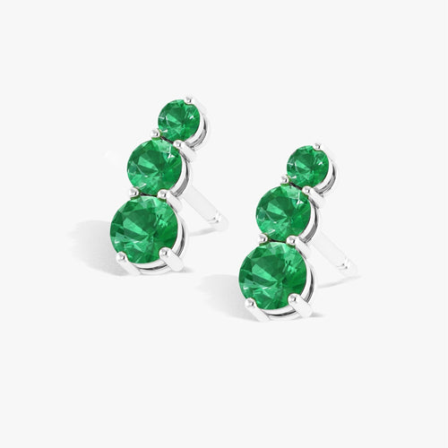 Three Stone Green Emerald Stud Earrings