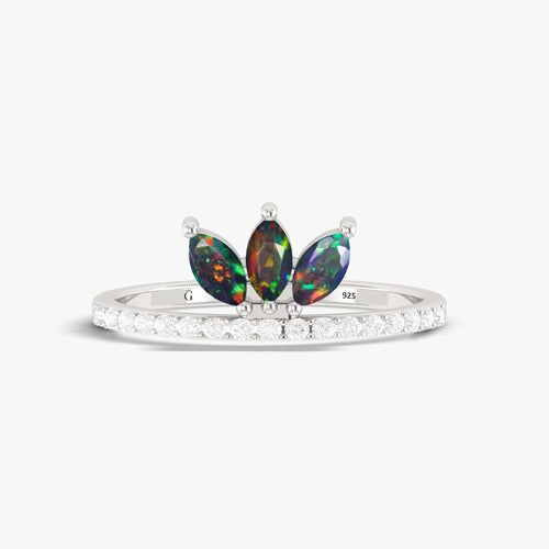 Black Opal & Zircon Eternity Ring - Three Stone Design