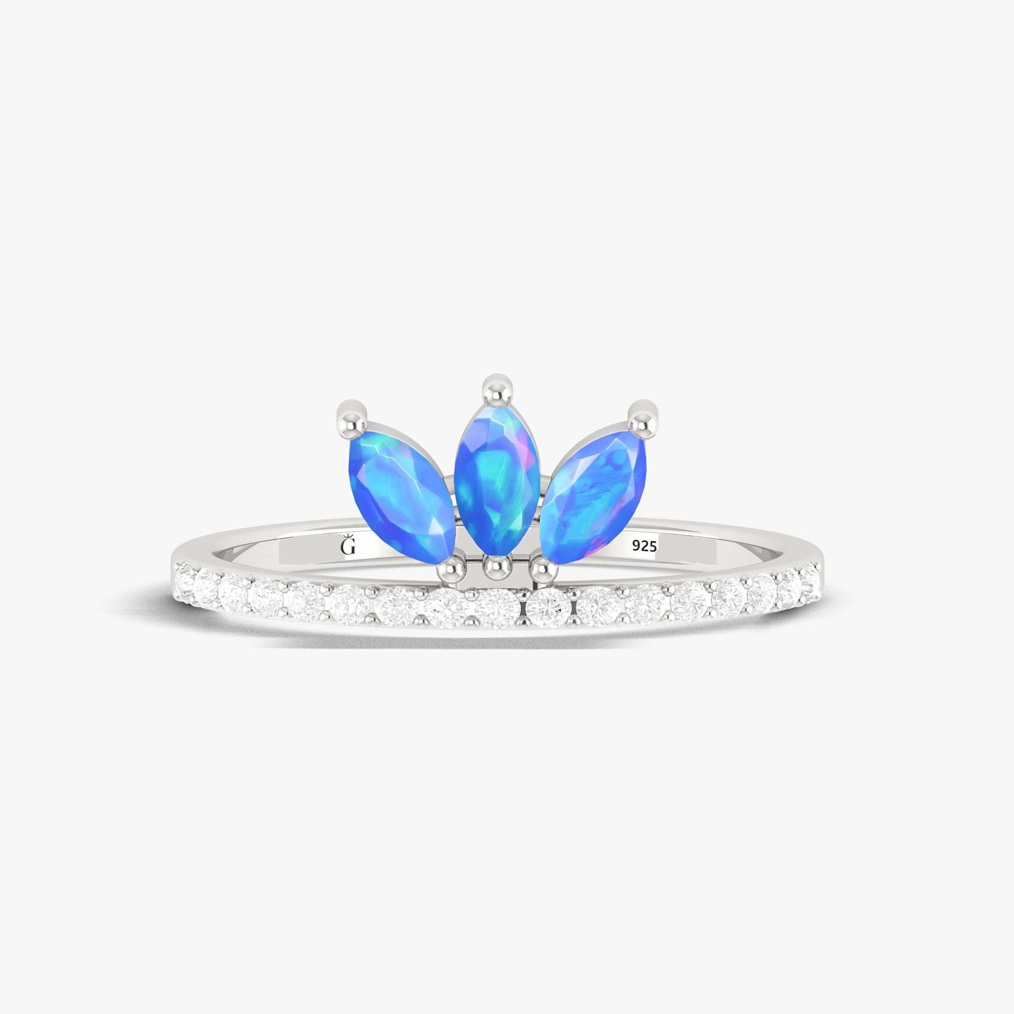 Three Stone Natural Blue Opal & White Zircon Half Eternity Ring - Goodstone Jewels