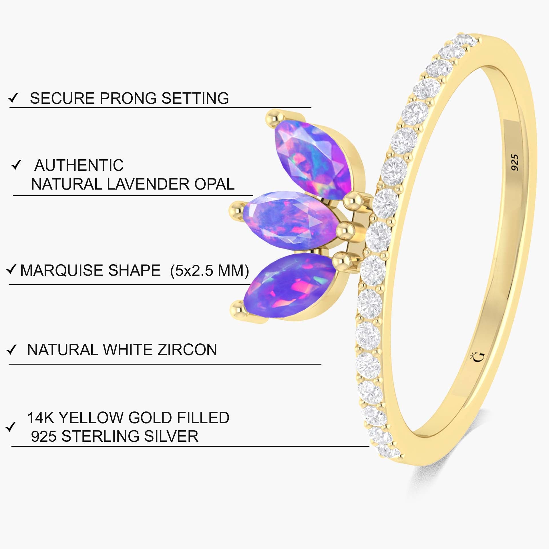 Three Stone Natural Lavender Opal & White Zircon Half Eternity Ring - Goodstone Jewels