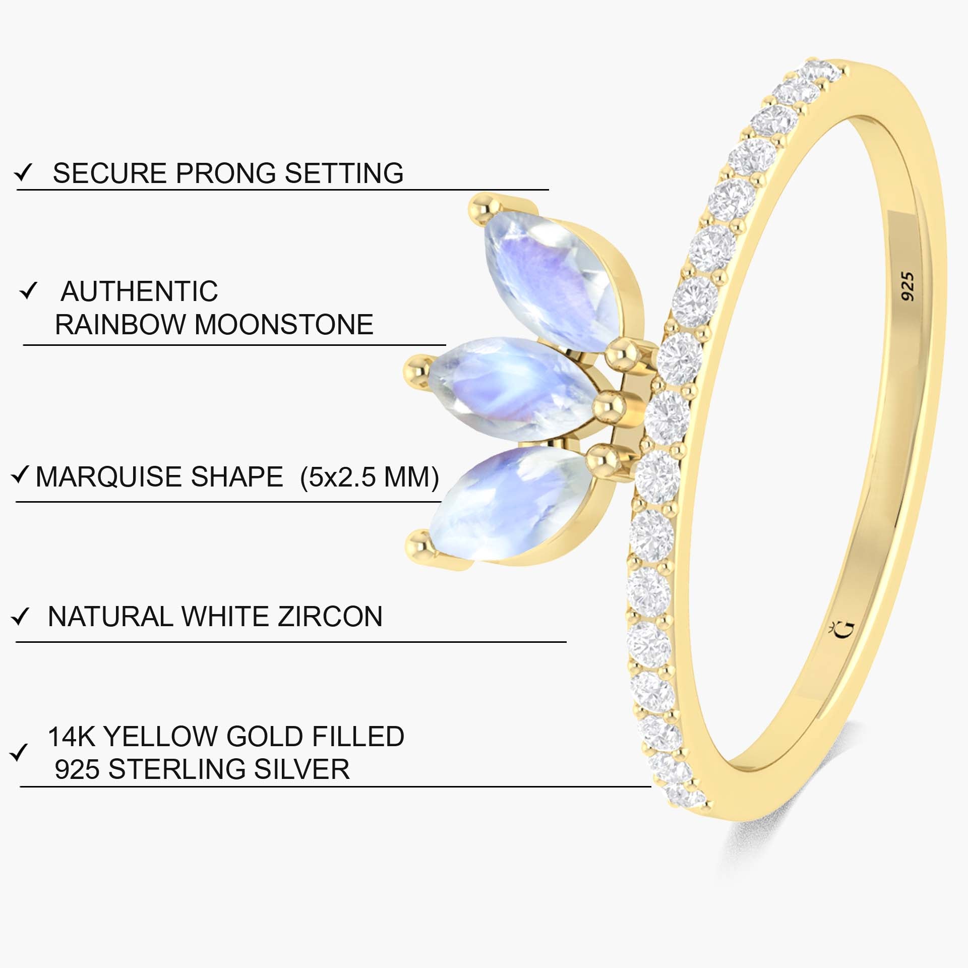 Three Stone Natural Moonstone & White Zircon Half Eternity Ring - Goodstone Jewels