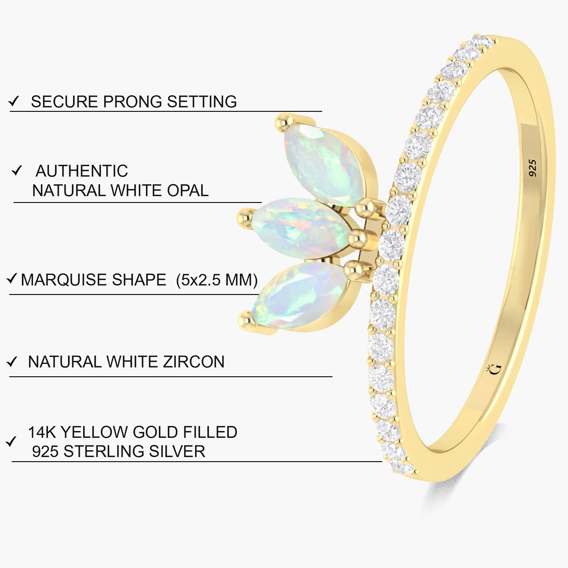 Three Stone Natural White Opal & Zircon Half Eternity Ring - Goodstone Jewels