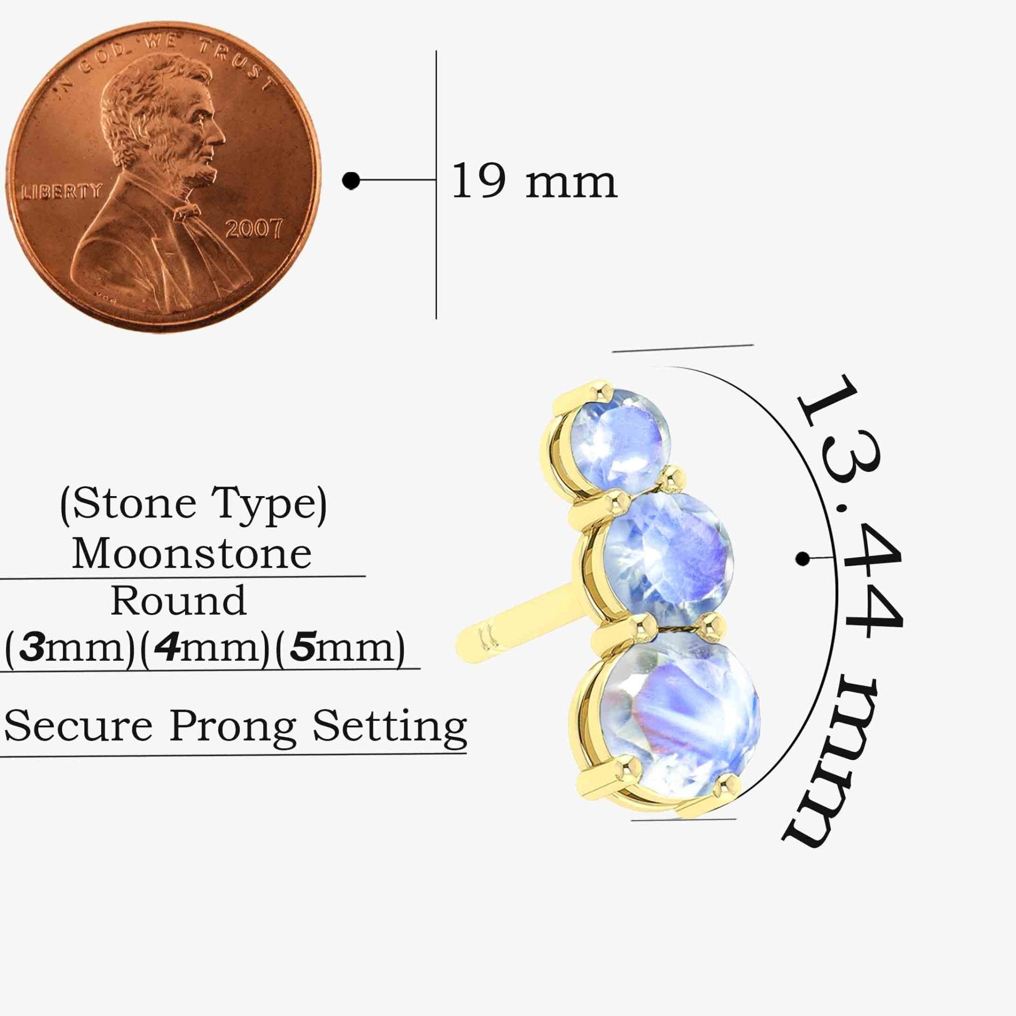 Three Stone Rainbow Moonstone Stud Earrings - Goodstone Jewels