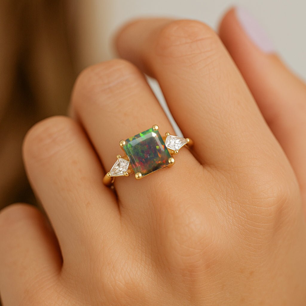 Three Stone Ring with Natural Black Opal and Cubic Zirconia for Her - Goodstone Jewels