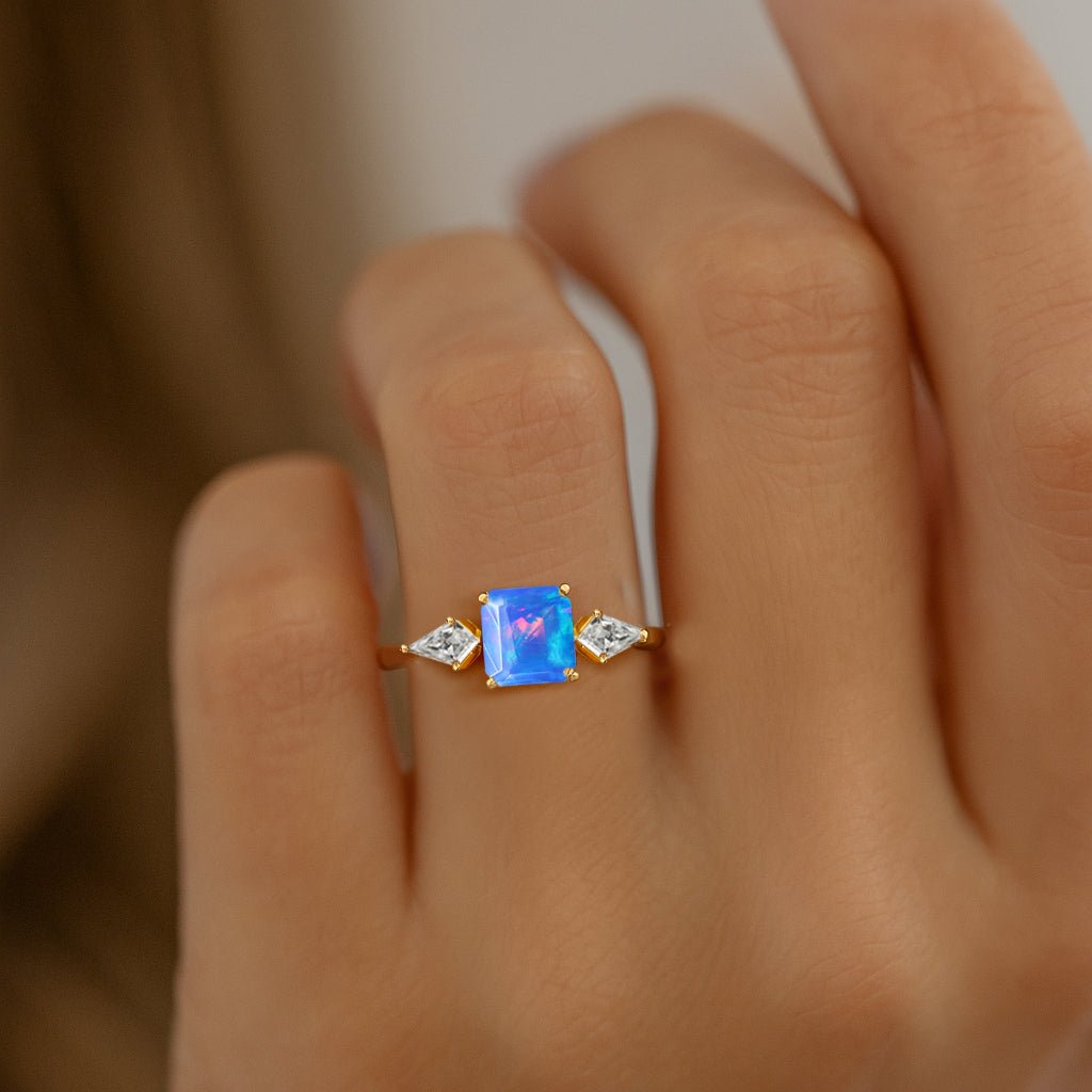 Three Stone Ring with Natural Blue Opal and Cubic Zirconia for Her - Goodstone Jewels