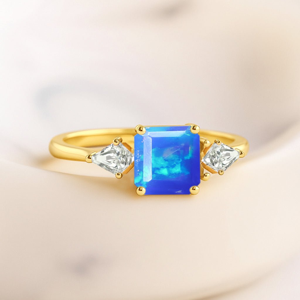 Three Stone Ring with Natural Blue Opal and Cubic Zirconia for Her - Goodstone Jewels