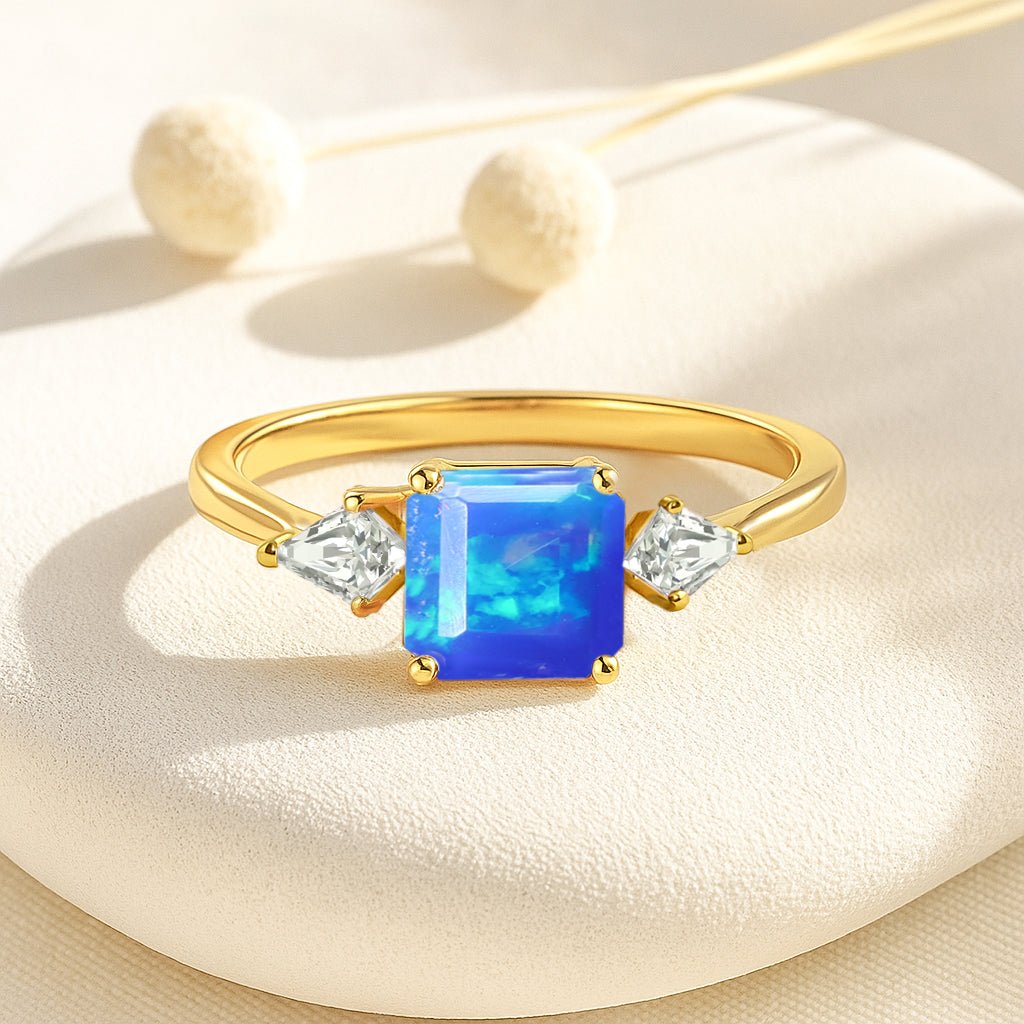 Three Stone Ring with Natural Blue Opal and Cubic Zirconia for Her - Goodstone Jewels