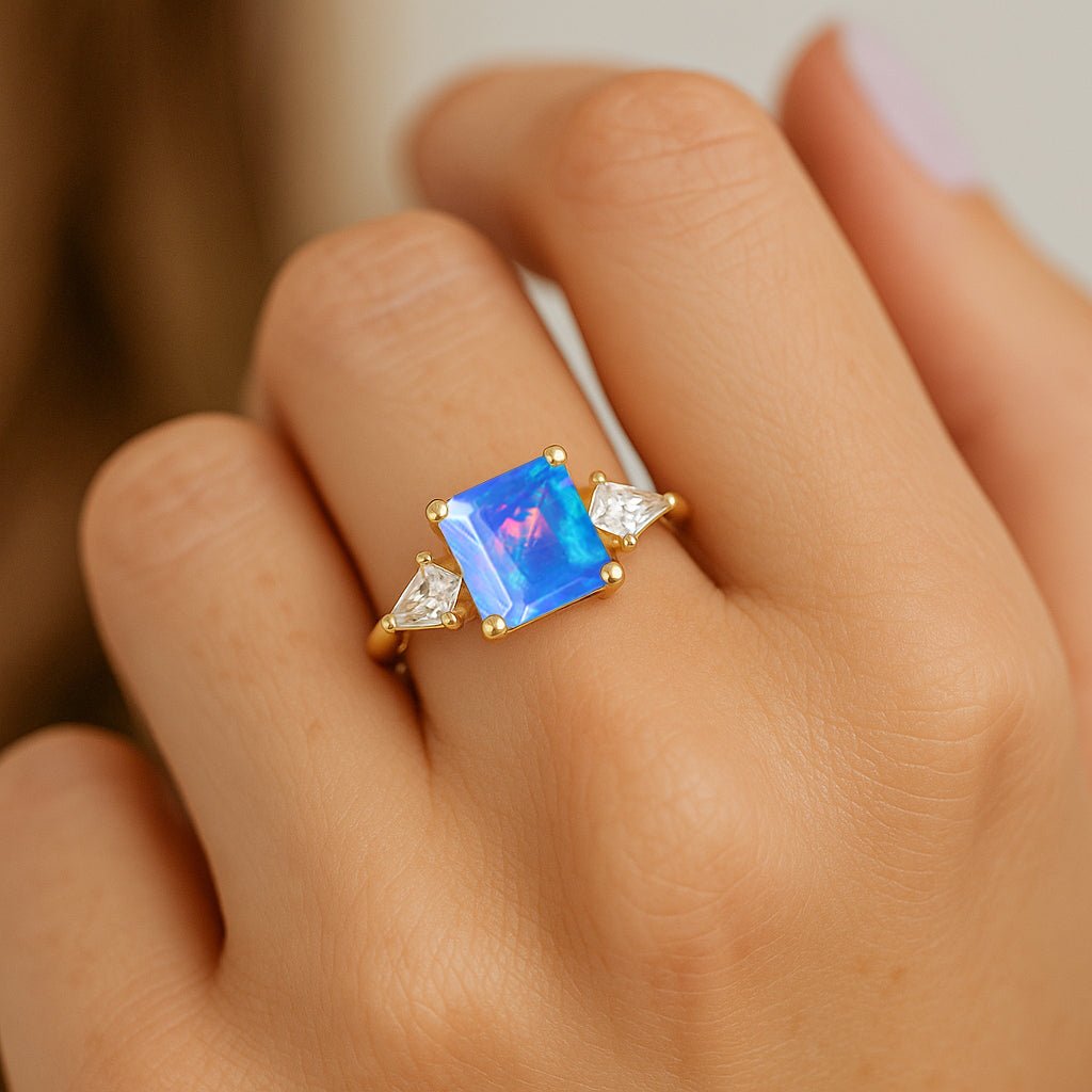 Three Stone Ring with Natural Blue Opal and Cubic Zirconia for Her - Goodstone Jewels