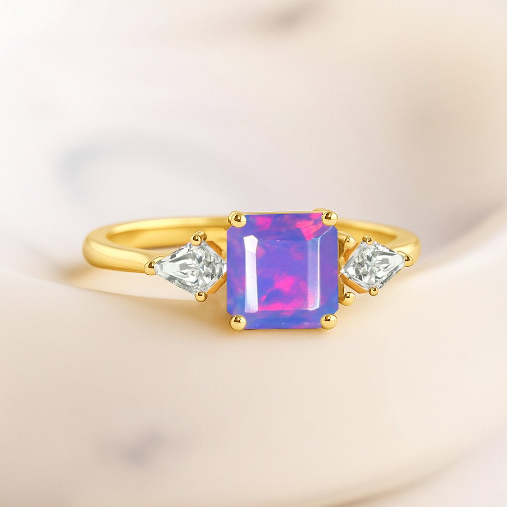 Three Stone Ring with Natural Lavender Opal and Cubic Zirconia for Her - Goodstone Jewels