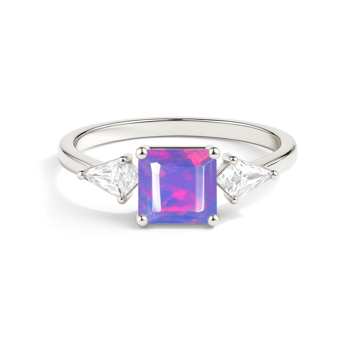 Three Stone Ring with Natural Lavender Opal and Cubic Zirconia for Her - Goodstone Jewels