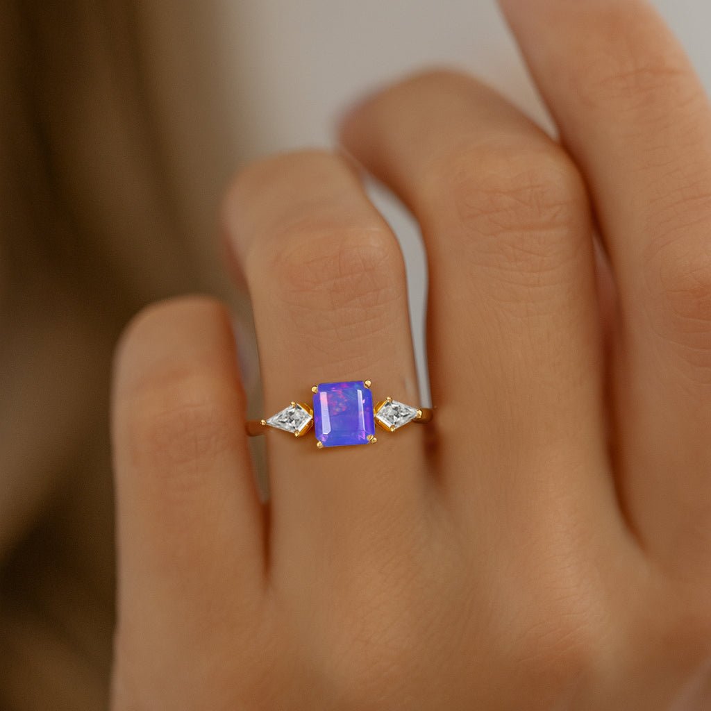 Three Stone Ring with Natural Lavender Opal and Cubic Zirconia for Her - Goodstone Jewels