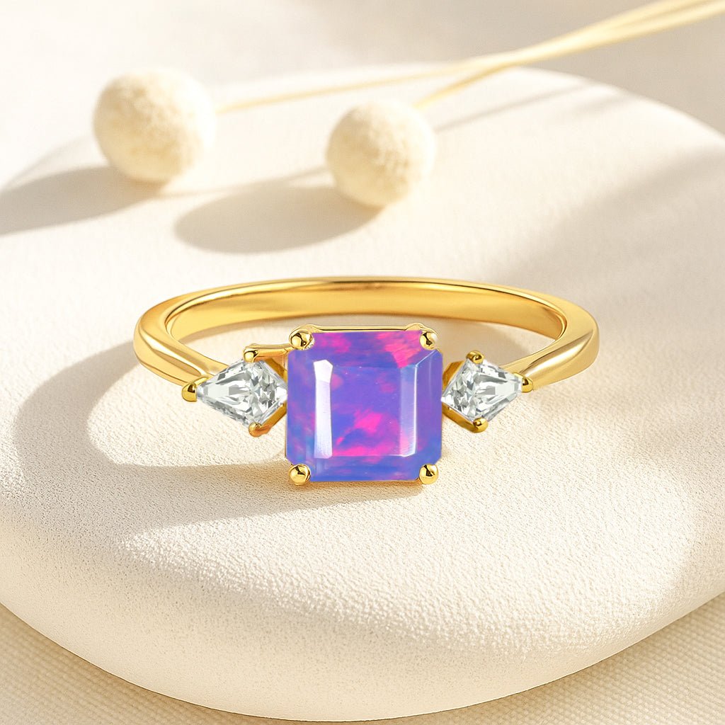 Three Stone Ring with Natural Lavender Opal and Cubic Zirconia for Her - Goodstone Jewels