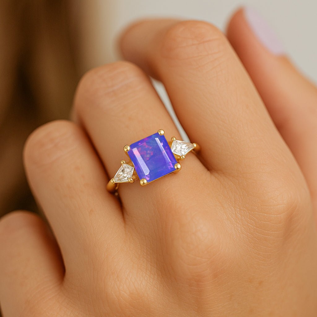Three Stone Ring with Natural Lavender Opal and Cubic Zirconia for Her - Goodstone Jewels